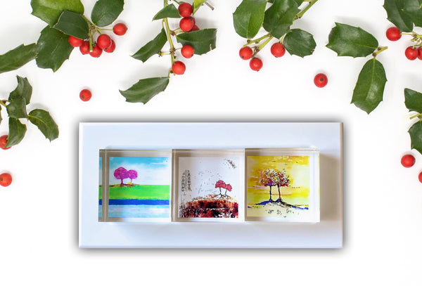 3 Colorful Tree Prints in Acrylic presented in a White Corian Tray